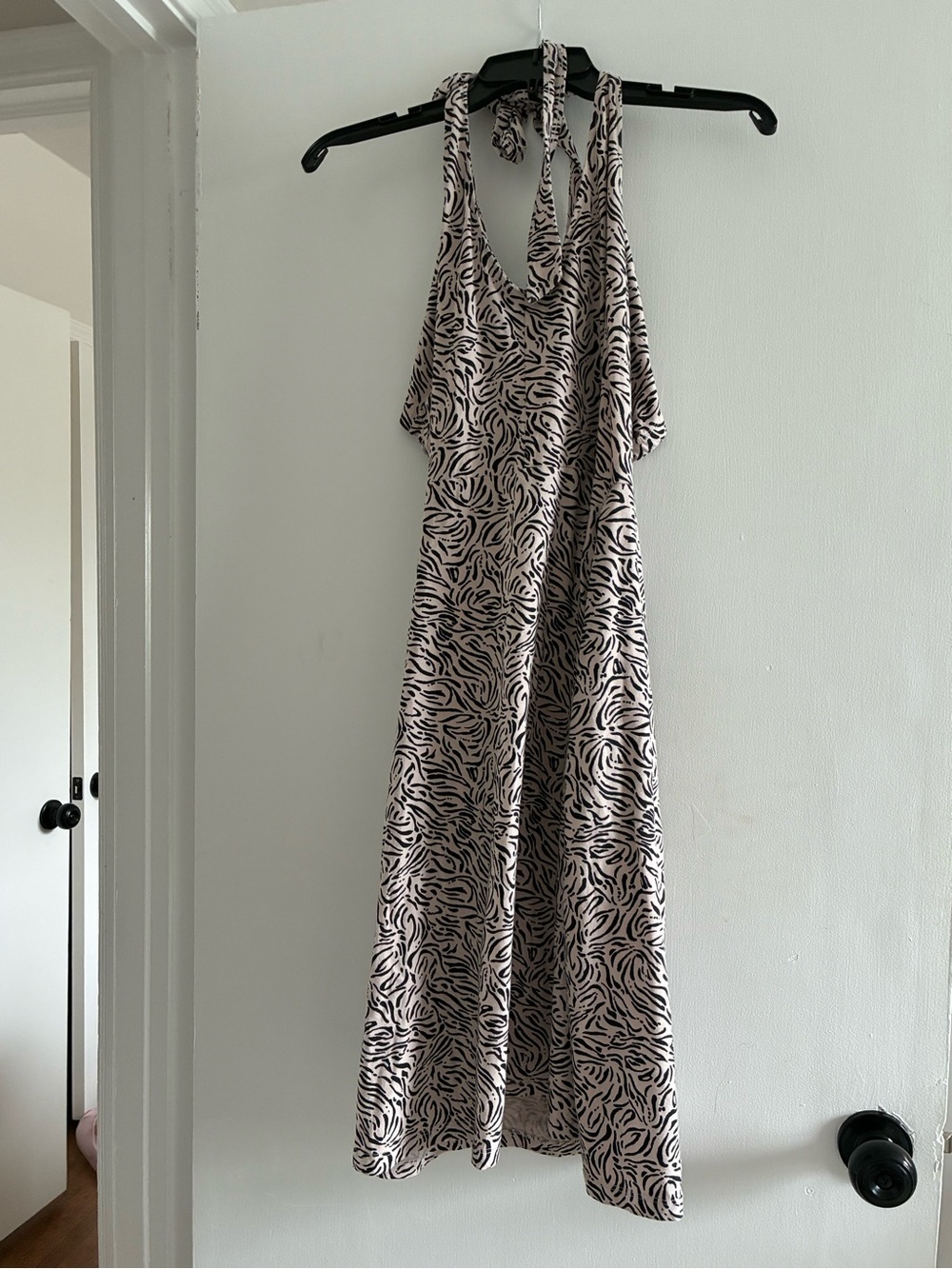 Organic Sleeveless Halter Animal Print Midi Dress - Black & Cream